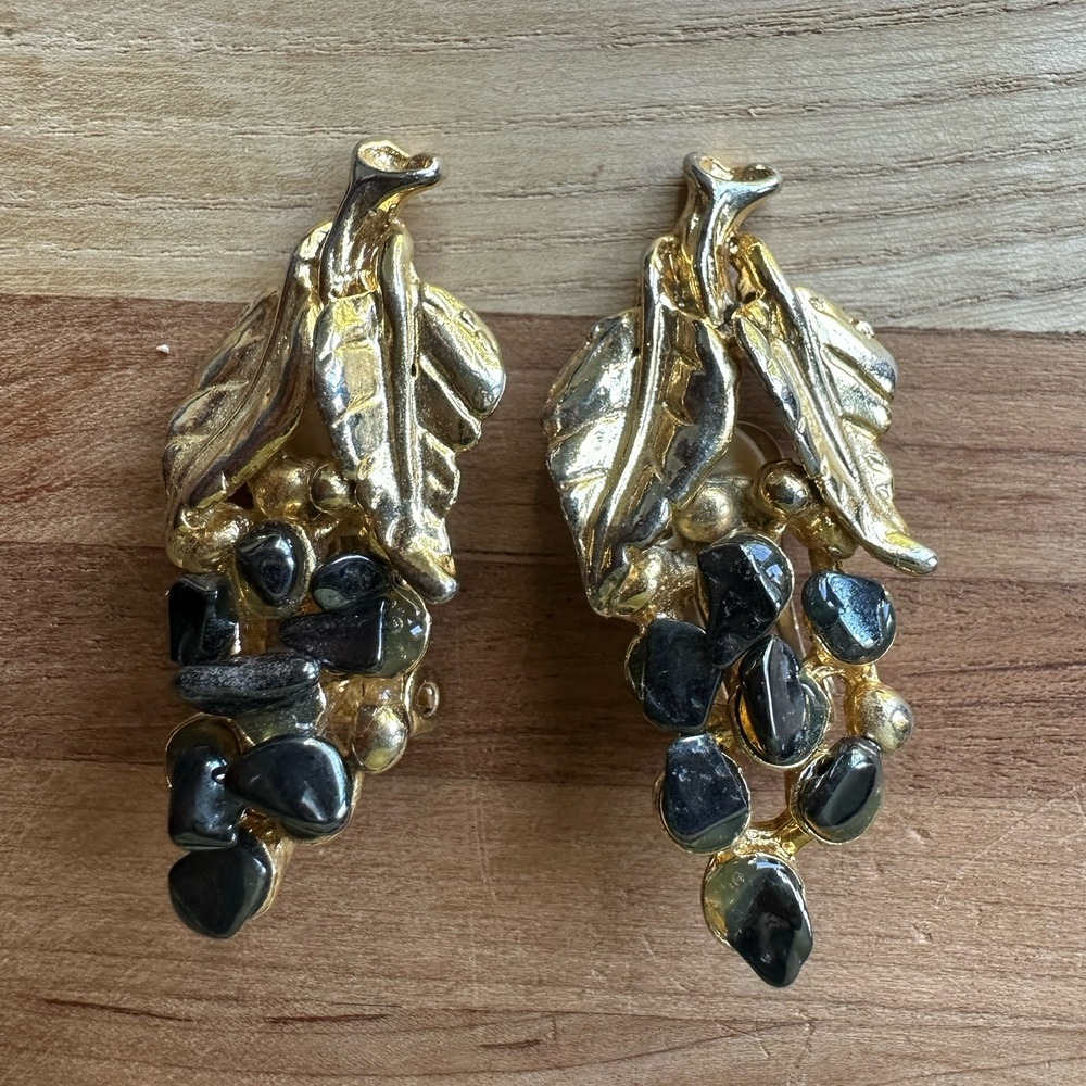 Vintage Artisan Clip Earrings 1.75 Inch Hematite Stones Grape Cluster Gold Plate